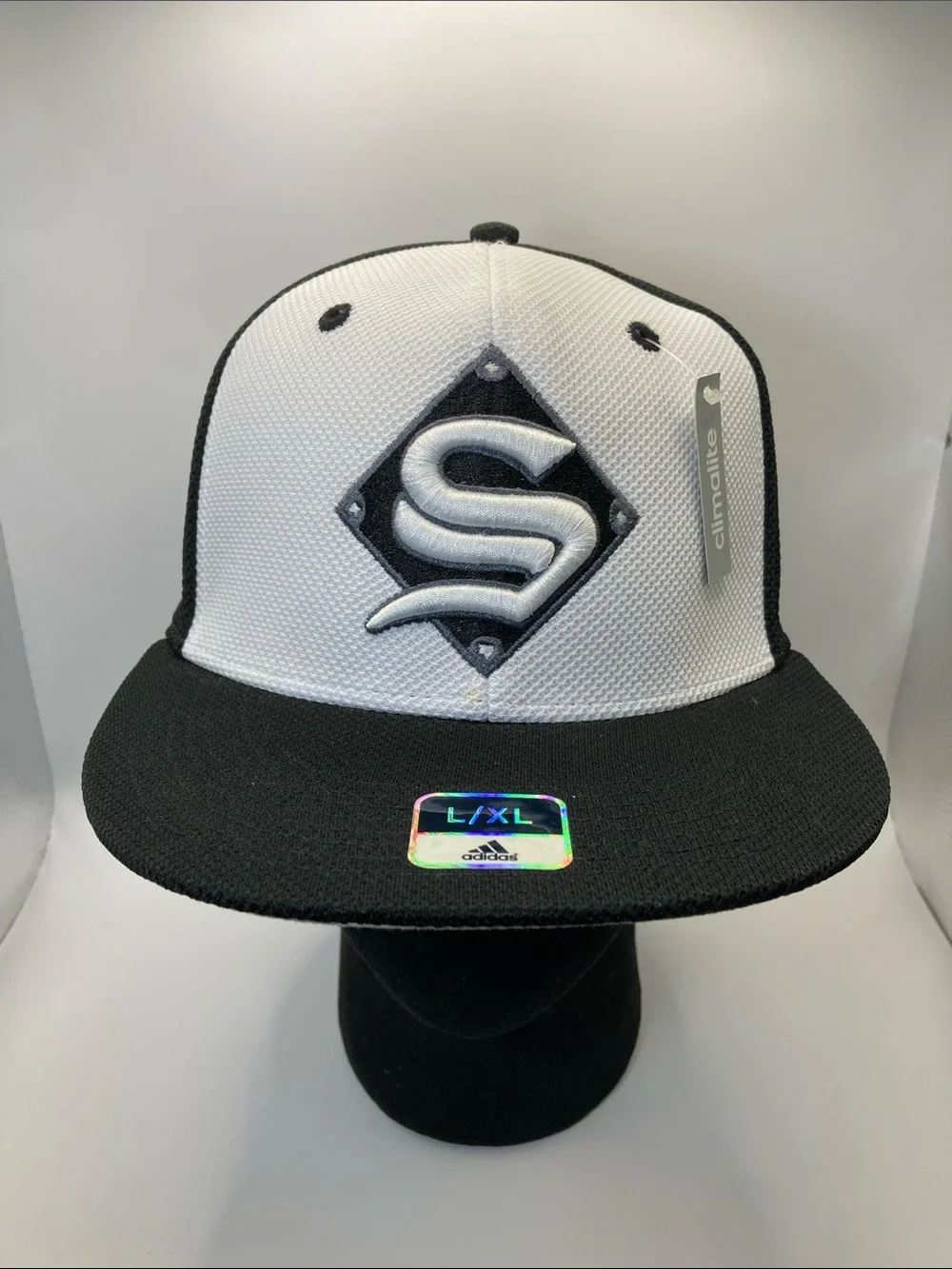 Adidas Climalite High Crown Hat Flat Brim L/XL Black White Baseball Cap NWT